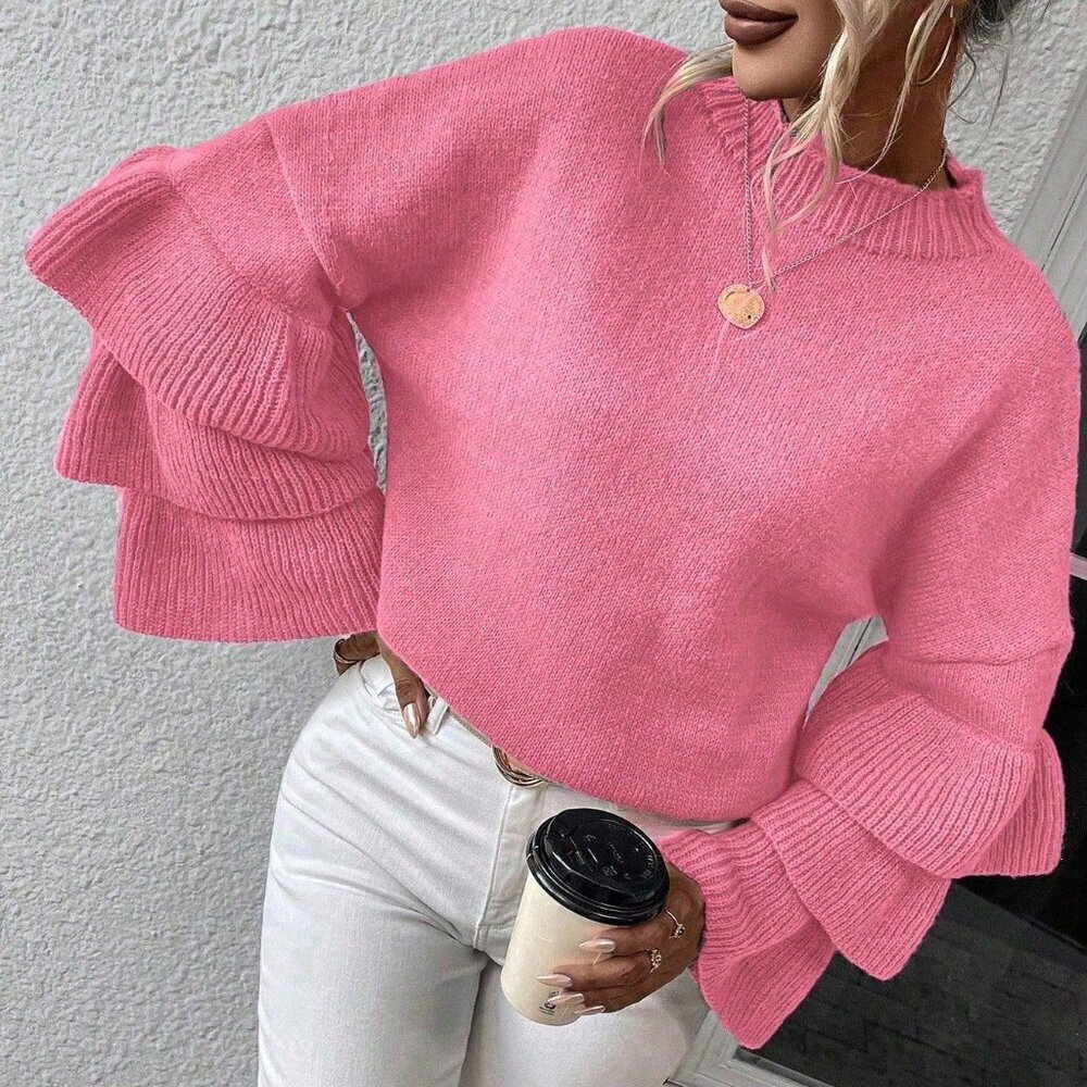 Pink Casual Women's Round Neck Patchwork Ruffle Flare Sleeve Sweater
